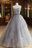 A Line Strapless Appliques Gray Tulle Long Formal Prom Dresses Evening Dresses