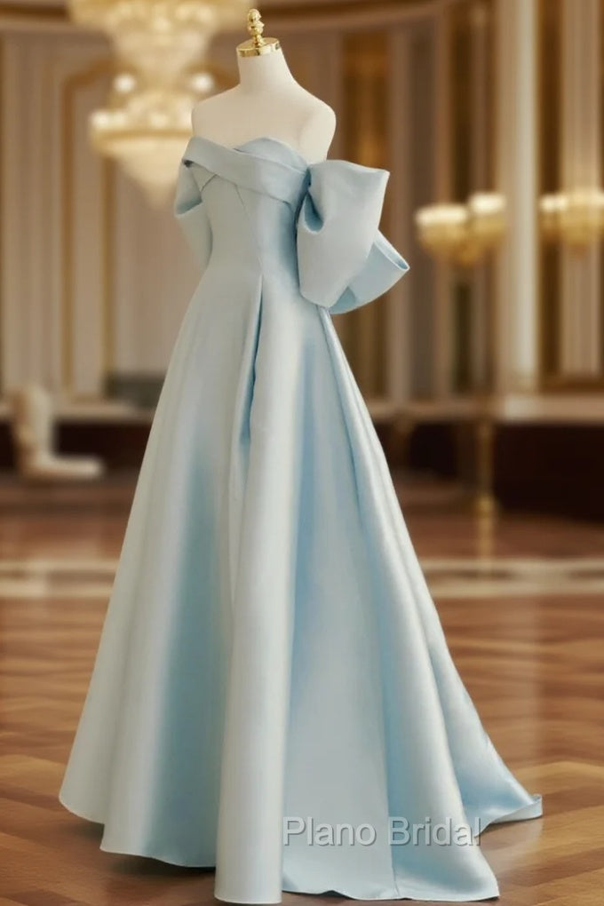 Blue A-Line Satin Long Formal Prom Dresses, Blue Satin Evening Dresses Main image