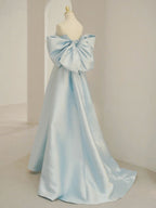 Blue A-Line Satin Long Formal Prom Dresses, Blue Satin Formal Evening Dresses