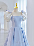 Blue A-Line Satin Long Formal Prom Dresses, Blue Satin Formal Evening Dresses
