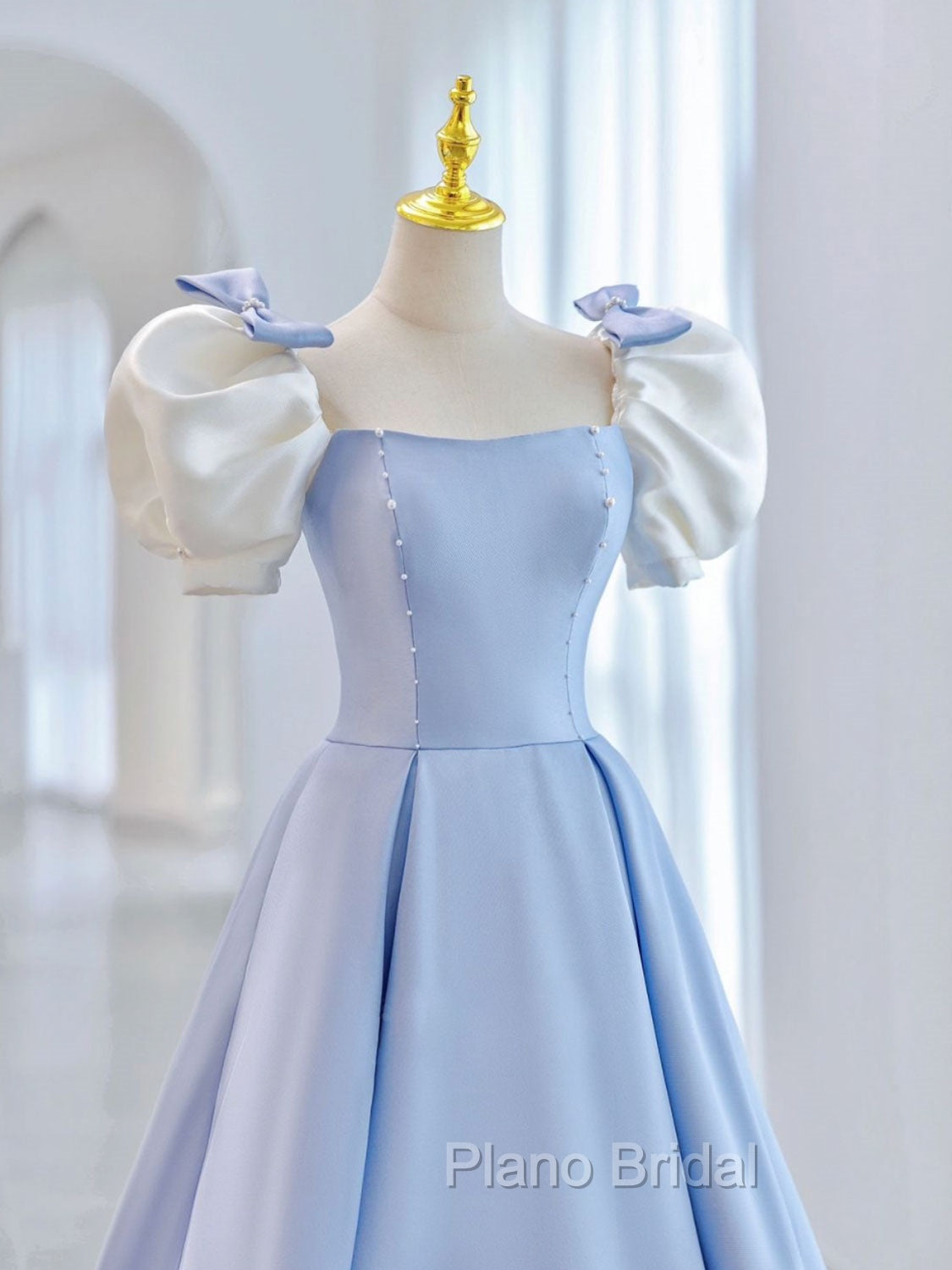 Blue A-Line Satin Long Formal Prom Dresses, Blue Satin Formal Evening Dresses