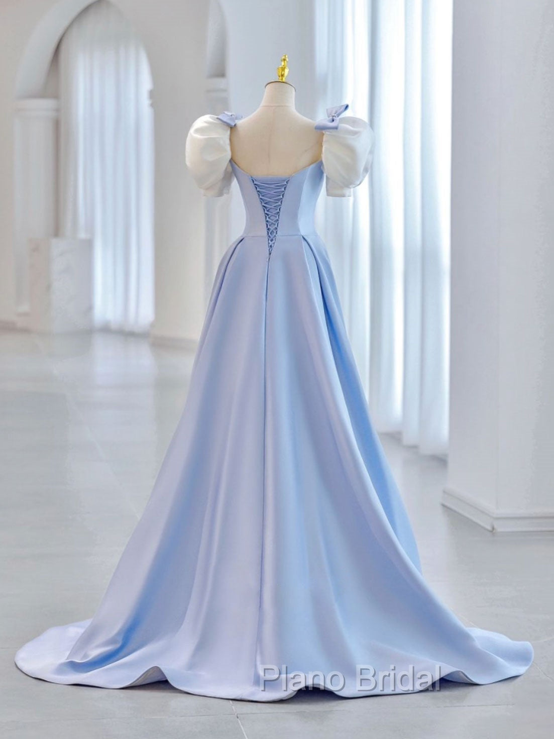 Blue A-Line Satin Long Formal Prom Dresses, Blue Satin Formal Evening Dresses Secondary image