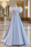 Blue A-Line Satin Long Formal Prom Dresses, Blue Satin Formal Evening Dresses