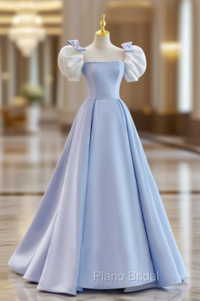 Blue A-Line Satin Long Formal Prom Dresses, Blue Satin Formal Evening Dresses Main image