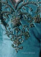 Blue A-Line Spaghetti Straps Satin Beaded Long Formal Prom Dresses Sweetheart Neck Applique Graduation Formal Prom Dresses