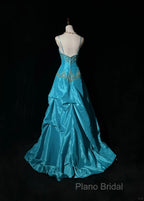 Blue A-Line Spaghetti Straps Satin Beaded Long Formal Prom Dresses Sweetheart Neck Applique Graduation Formal Prom Dresses