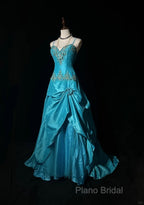 Blue A-Line Spaghetti Straps Satin Beaded Long Formal Prom Dresses Sweetheart Neck Applique Graduation Formal Prom Dresses