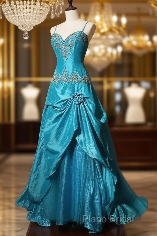 Blue A-Line Spaghetti Straps Satin Beaded Long Formal Prom Dresses Sweetheart Neck Applique Graduation Formal Prom Dresses Main image