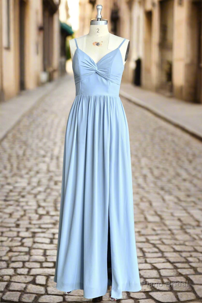 Blue A Line Spaghetti Straps V-Neck Pleated Floor Length Chiffon Long Bridesmaid Dress Main image