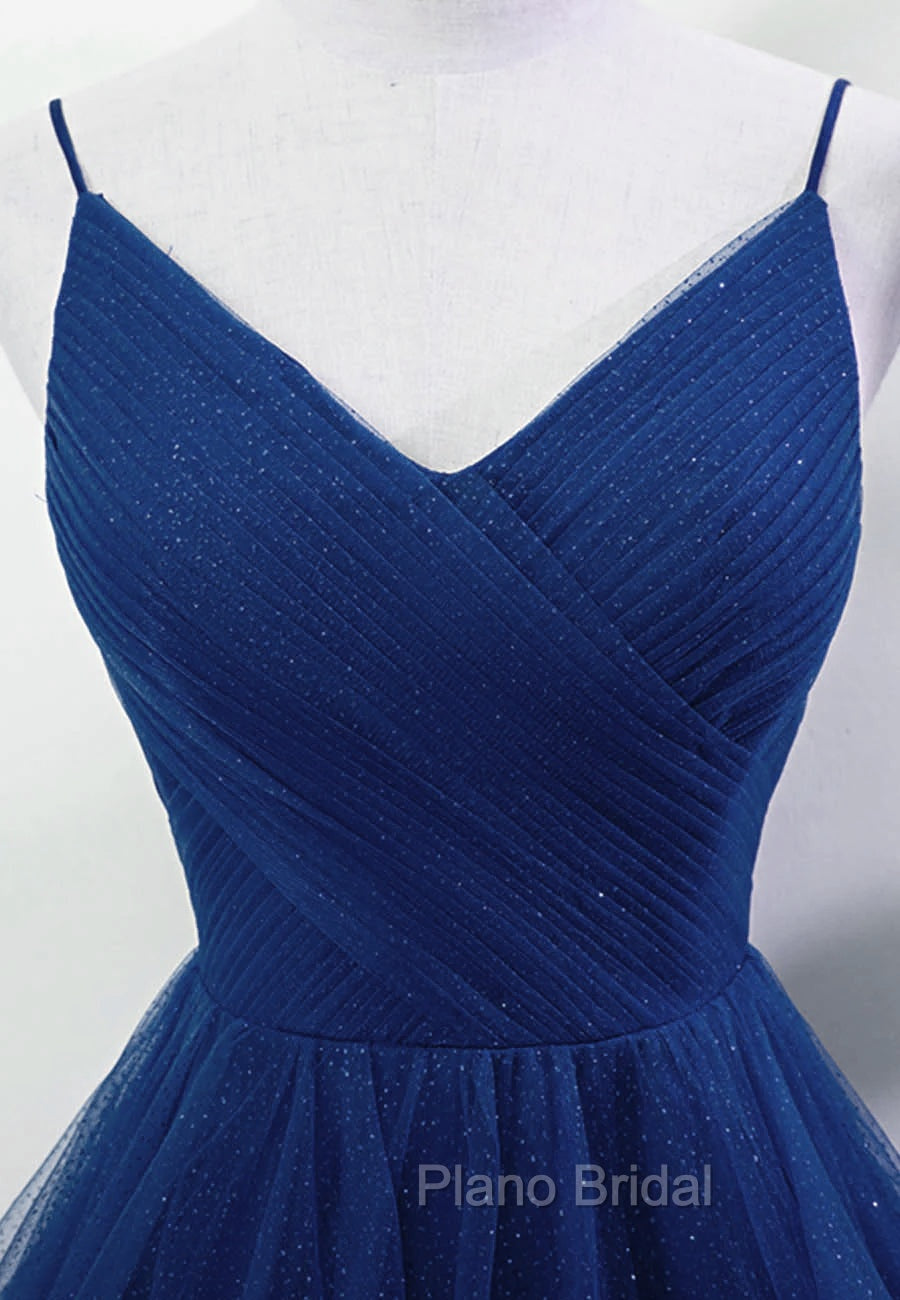 Blue A-line Straps Tulle Layers Long Party Dresses, Blue Long Formal Prom Dresses