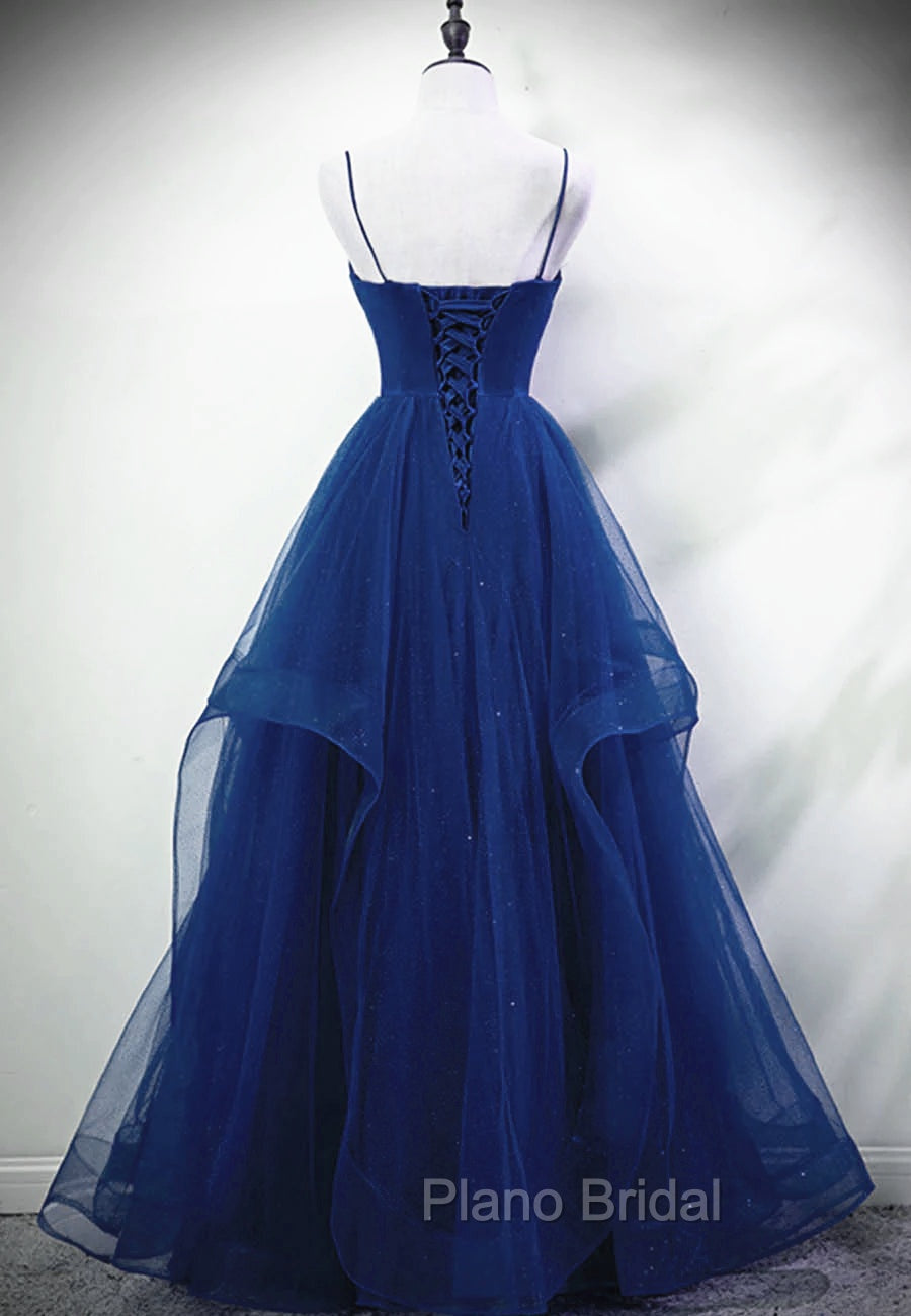 Blue A-line Straps Tulle Layers Long Party Dresses, Blue Long Formal Prom Dresses