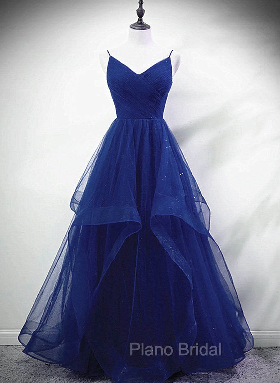 Blue A-line Straps Tulle Layers Long Party Dresses, Blue Long Formal Prom Dresses Main image