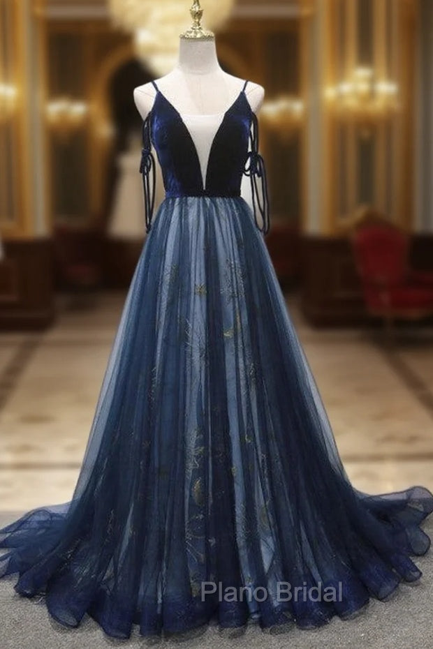 Blue A-line Straps Tulle Long Evening Dresses Party Dresses, Blue Bridesmaid Dresses Secondary image