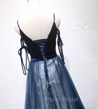 Blue A-line Straps Tulle Long Evening Dresses Party Dresses, Blue Bridesmaid Dresses