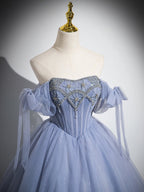 Blue A-Line Tulle Beads Long Formal Prom Dresses, Blue Long Formal Dresses