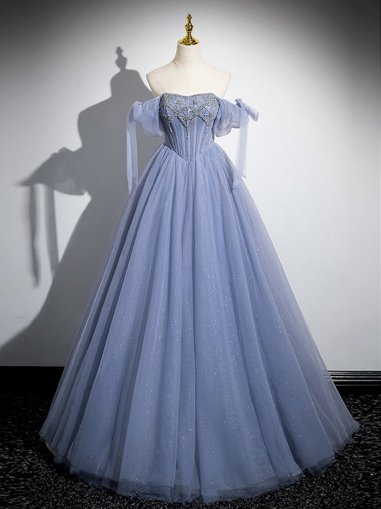 Blue A-Line Tulle Beads Long Formal Prom Dresses, Blue Long Formal Dresses