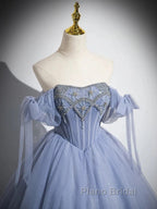Blue A-Line Tulle Beads Long Formal Prom Dresses, Blue Long Formal Dresses