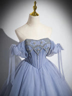 Blue A-Line Tulle Beads Long Formal Prom Dresses, Blue Long Formal Dresses