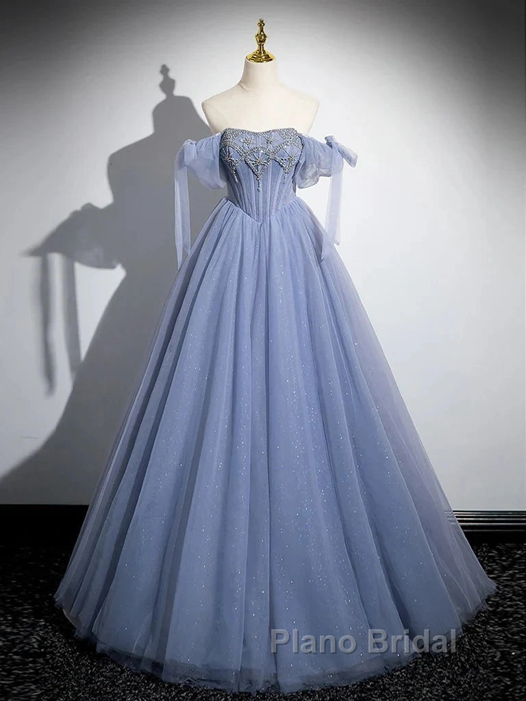 Blue A-Line Tulle Beads Long Formal Prom Dresses, Blue Long Formal Dresses