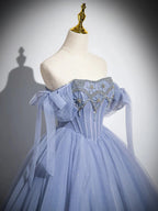 Blue A-Line Tulle Beads Long Formal Prom Dresses, Blue Long Formal Dresses