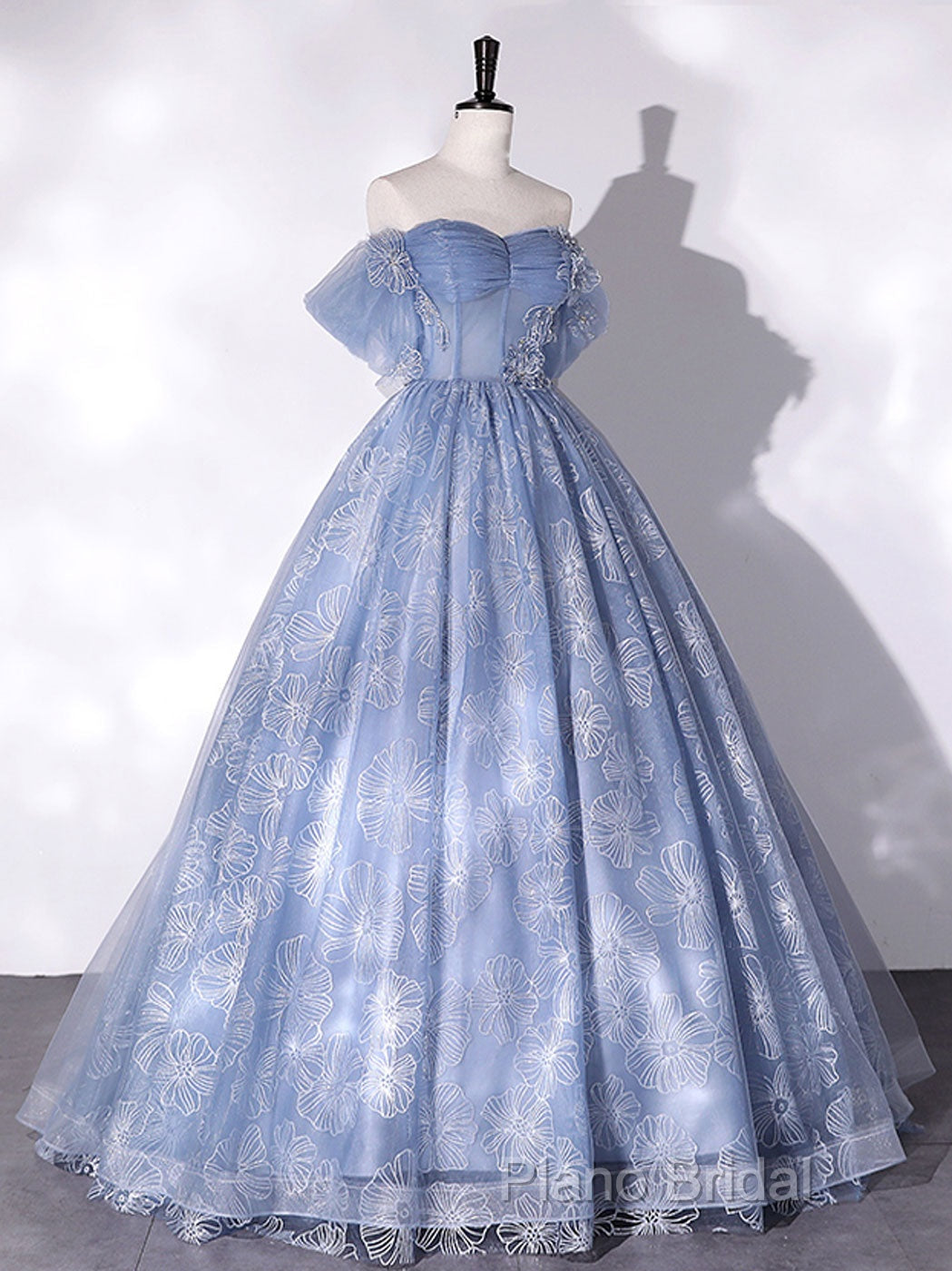 Blue A-Line Tulle Lace Long Formal Prom Dresses, Blue Formal Graduation Dresses Secondary image