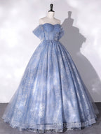 Blue A-Line Tulle Lace Long Formal Prom Dresses, Blue Formal Graduation Dresses