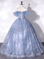 Blue A-Line Tulle Lace Long Formal Prom Dresses, Blue Formal Graduation Dresses