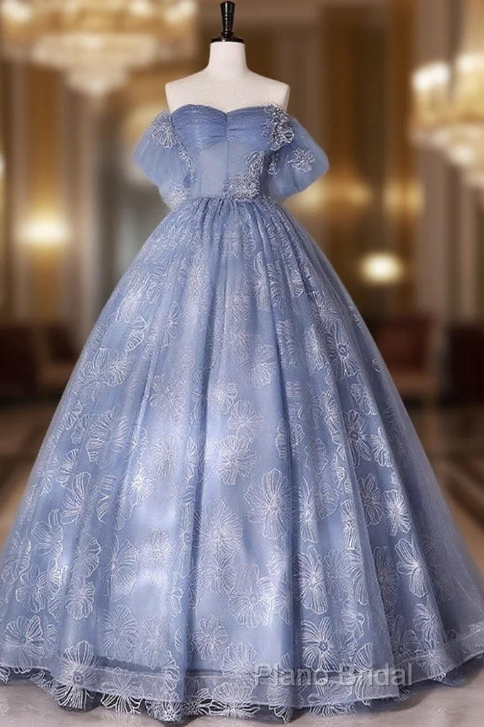 Blue A-Line Tulle Lace Long Formal Prom Dresses, Blue Formal Graduation Dresses Main image