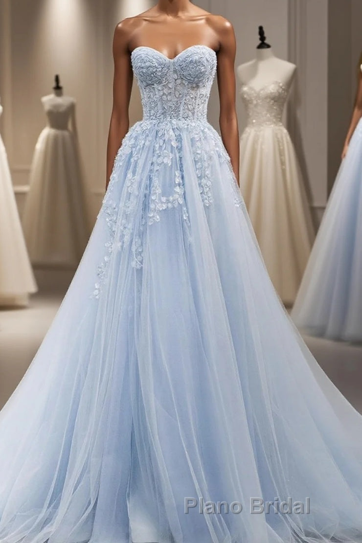 Blue A line tulle lace long Formal Prom dress blue lace formal dress Main image