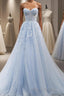 Blue A line tulle lace long Formal Prom dress blue lace formal dress
