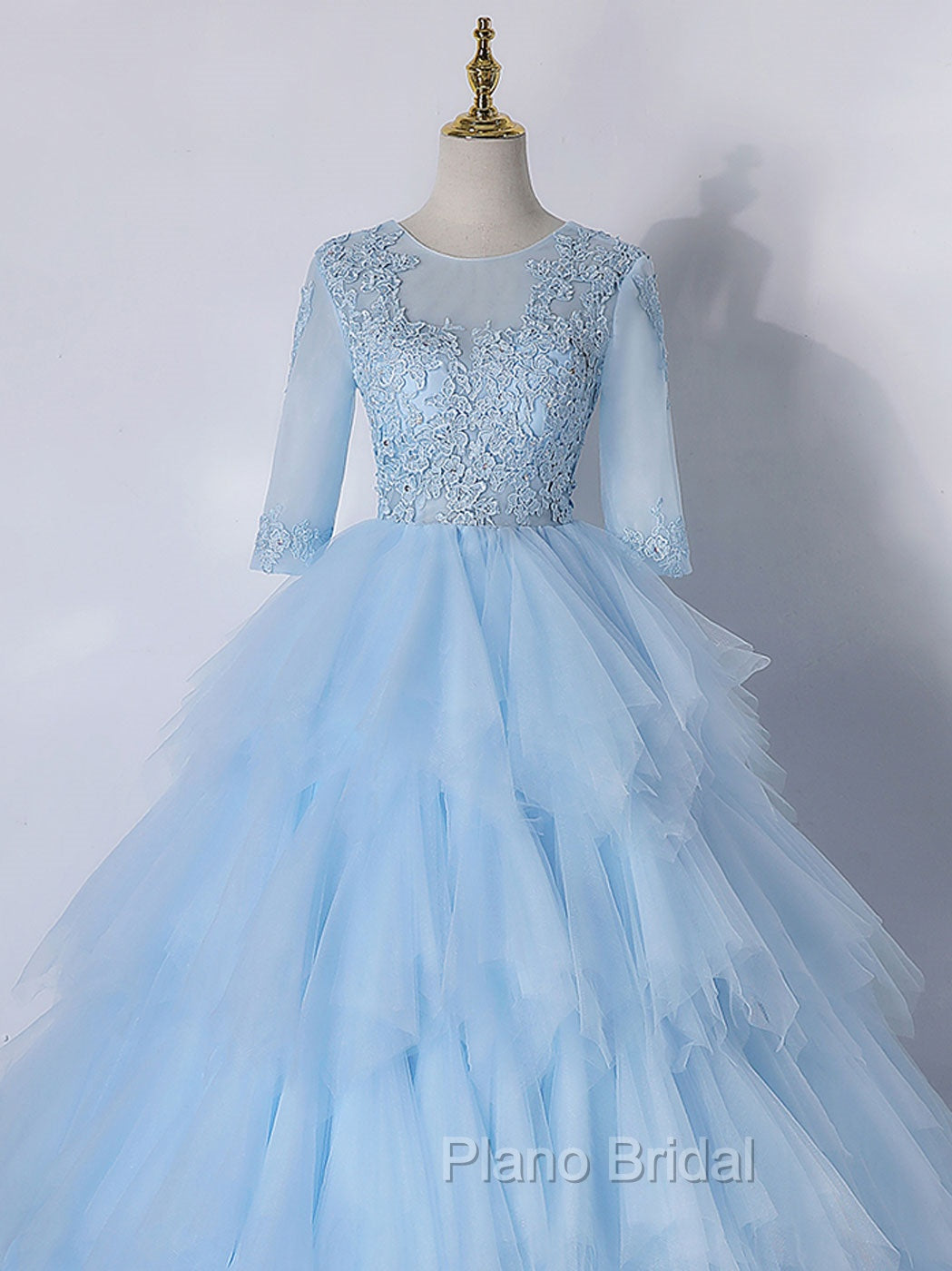 Blue A-Line Tulle Lace Long Formal Prom Dresses, Blue Lace Formal Evening Dresses