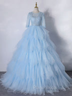 Blue A-Line Tulle Lace Long Formal Prom Dresses, Blue Lace Formal Evening Dresses
