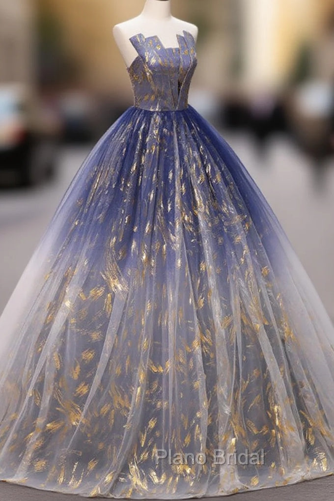 Blue A line Tulle Lace Long Formal Prom Dresses, Tulle Formal Blue Graduation Dresses Secondary image