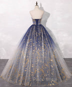 Blue A line Tulle Lace Long Formal Prom Dresses, Tulle Formal Blue Graduation Dresses