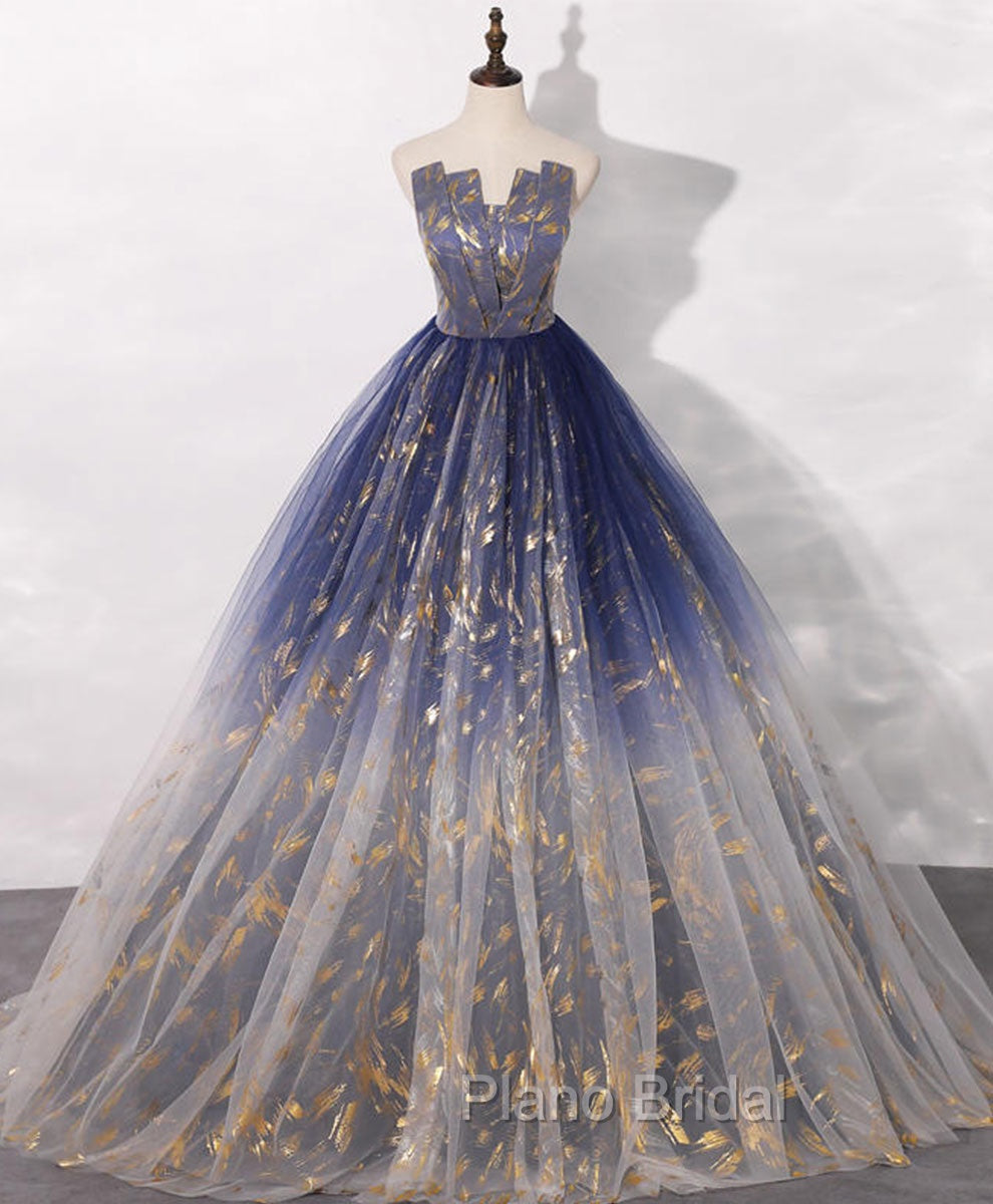 Blue A line Tulle Lace Long Formal Prom Dresses, Tulle Formal Blue Graduation Dresses