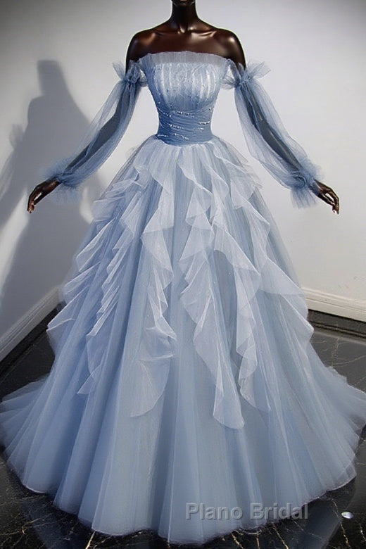 Blue A-Line Tulle Lace Long Formal Prom Dresses, Blue Formal Evening Dresses Main image
