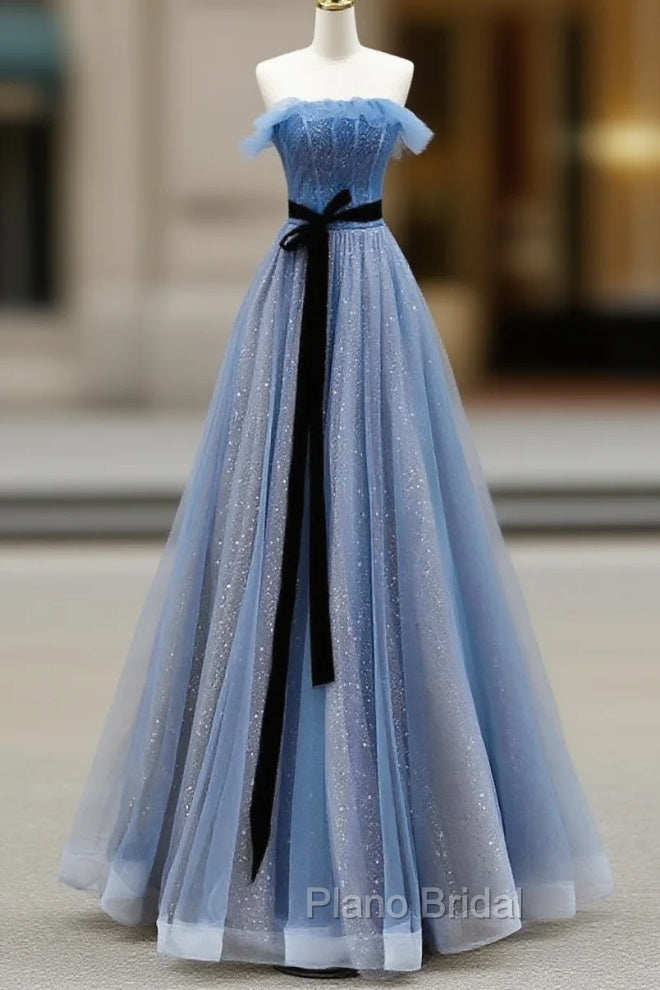 Blue A-Line Tulle Long Party Dresses With Belt, Blue Evening Dresses Formal Prom Dresses Main image