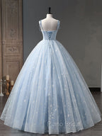 Blue A-Line Tulle Long Formal Prom Dresses, Blue Formal Sweet 16 Dresses