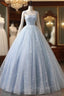 Blue A-Line Tulle Long Formal Prom Dresses, Blue Formal Sweet 16 Dresses