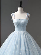 Blue A-Line Tulle Long Formal Prom Dresses, Blue Formal Sweet 16 Dresses