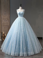 Blue A-Line Tulle Long Formal Prom Dresses, Blue Formal Sweet 16 Dresses