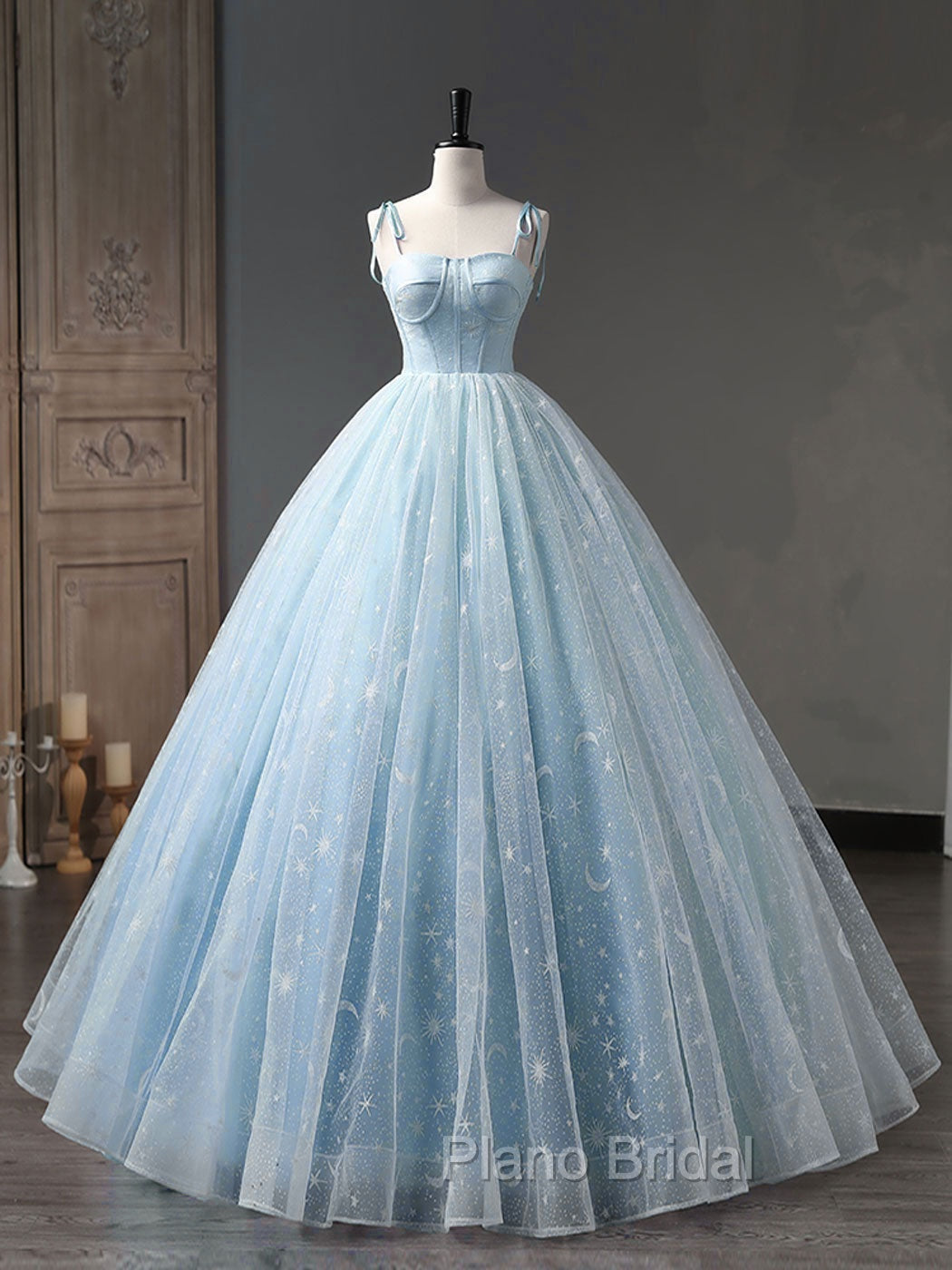 Blue A-Line Tulle Long Formal Prom Dresses, Blue Formal Sweet 16 Dresses