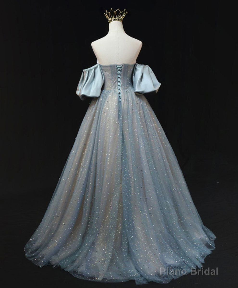 Blue A Line Tulle Long Prom Dress, Blue Tulle Evening Dress with Beading Secondary image