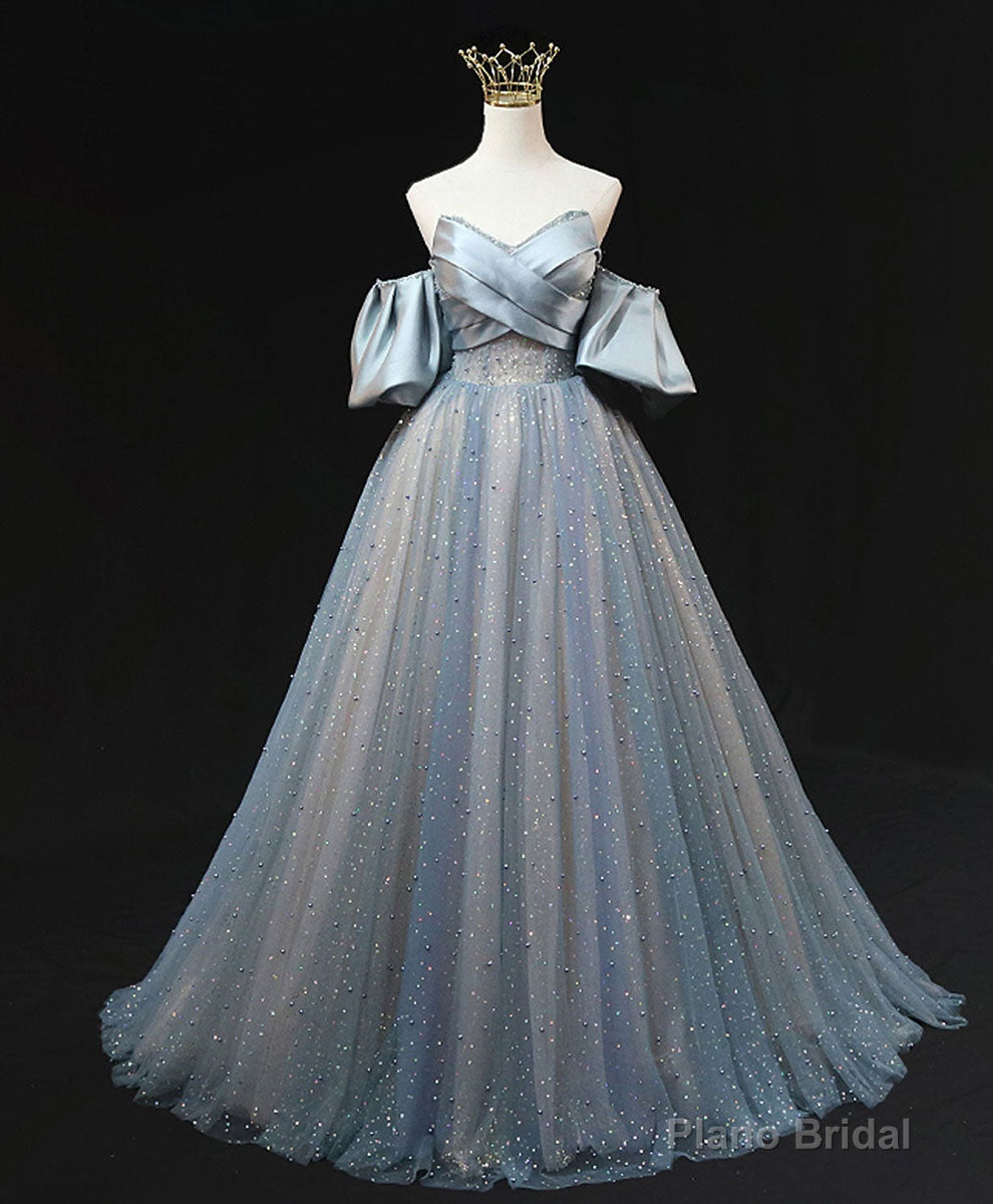 Blue A Line Tulle Long Prom Dress, Blue Tulle Evening Dress with Beading Main image