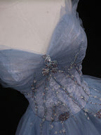 Blue A-Line Tulle Long Formal Prom Dresses, Blue Tulle Formal Graduation Dresses