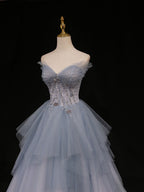 Blue A-Line Tulle Long Formal Prom Dresses, Blue Tulle Formal Graduation Dresses