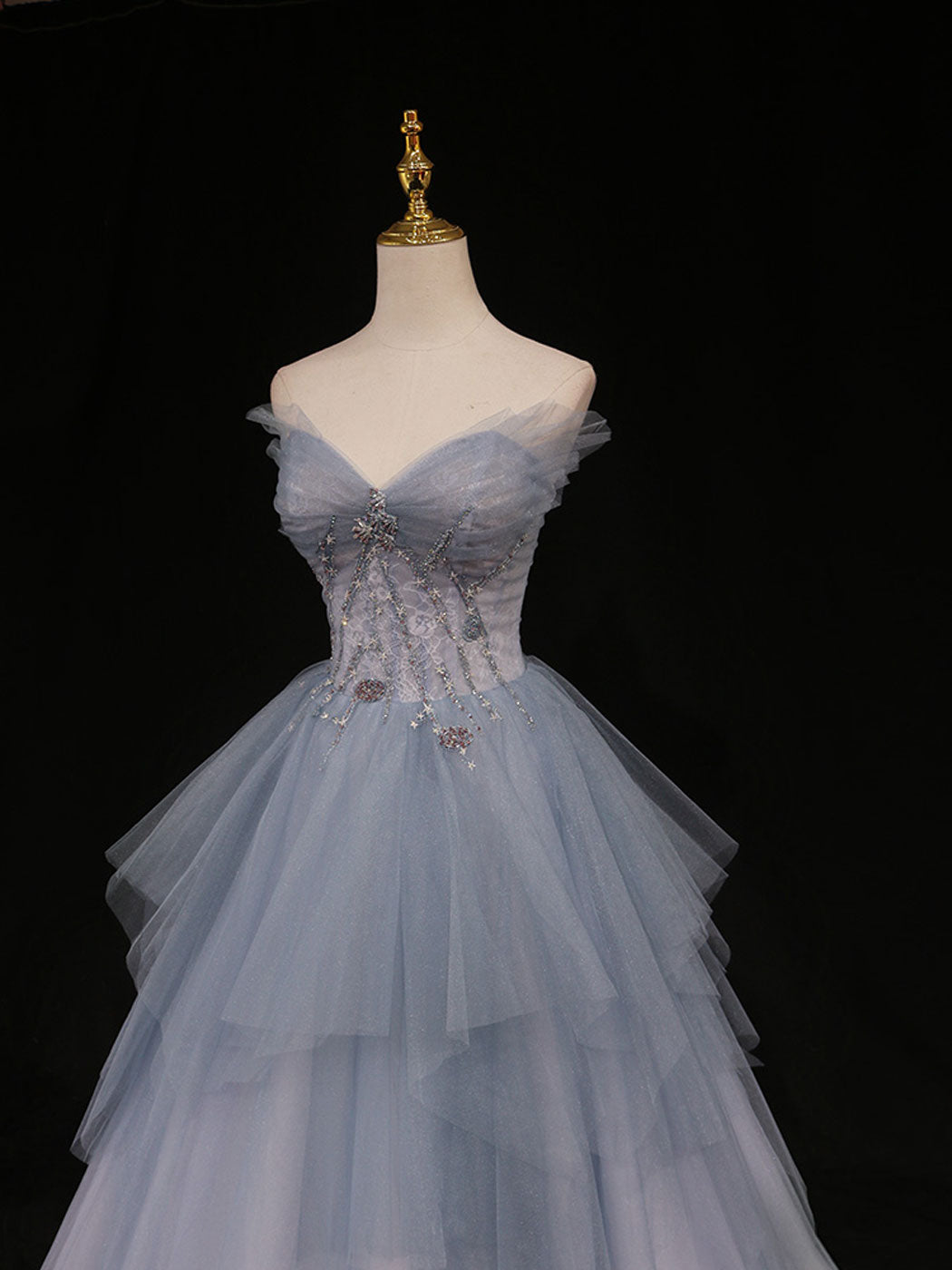 Blue A-Line Tulle Long Formal Prom Dresses, Blue Tulle Formal Graduation Dresses