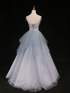 Blue A-Line Tulle Long Formal Prom Dresses, Blue Tulle Formal Graduation Dresses