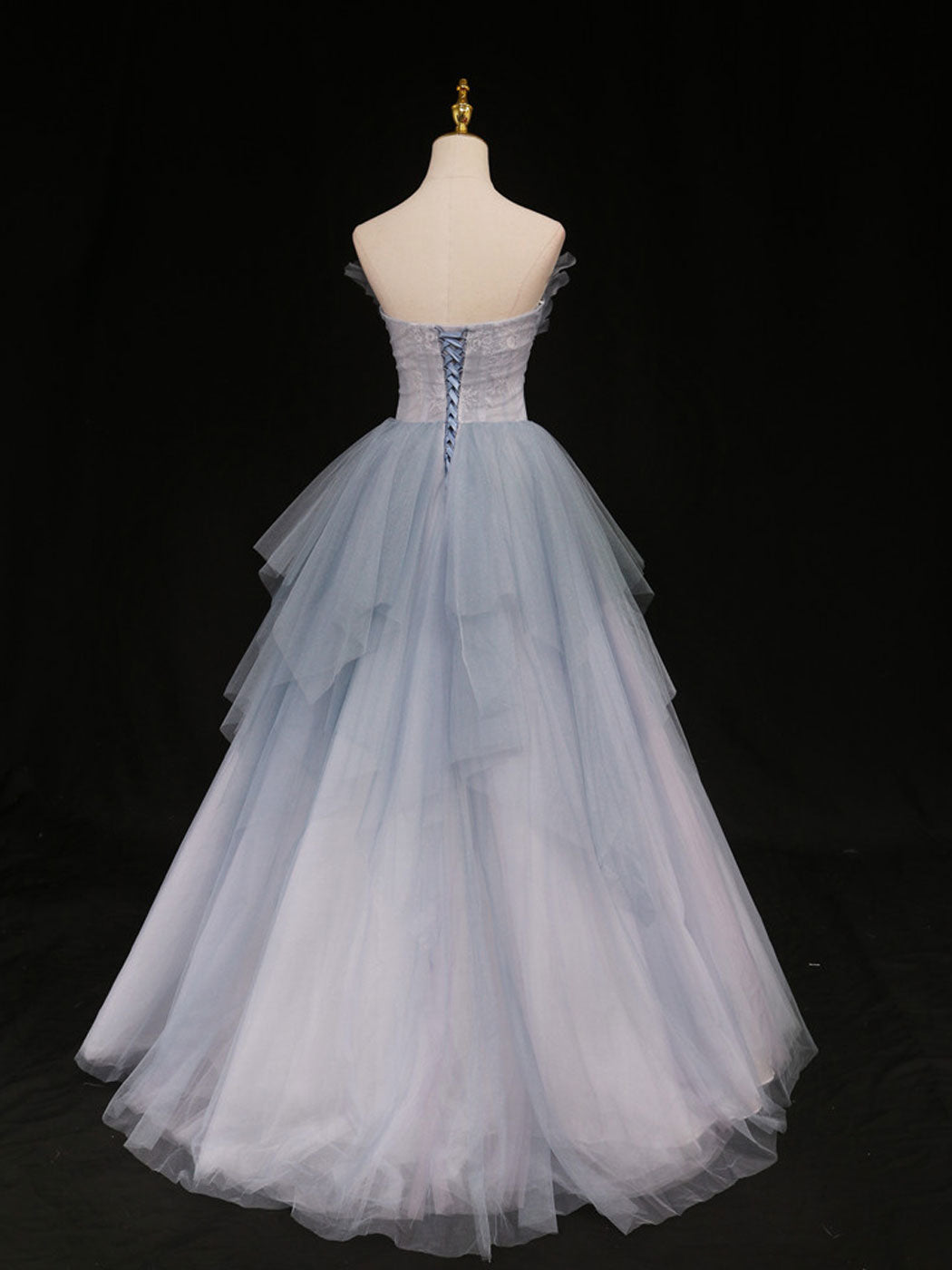Blue A-Line Tulle Long Formal Prom Dresses, Blue Tulle Formal Graduation Dresses