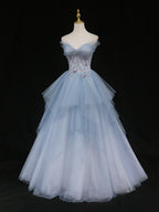 Blue A-Line Tulle Long Formal Prom Dresses, Blue Tulle Formal Graduation Dresses